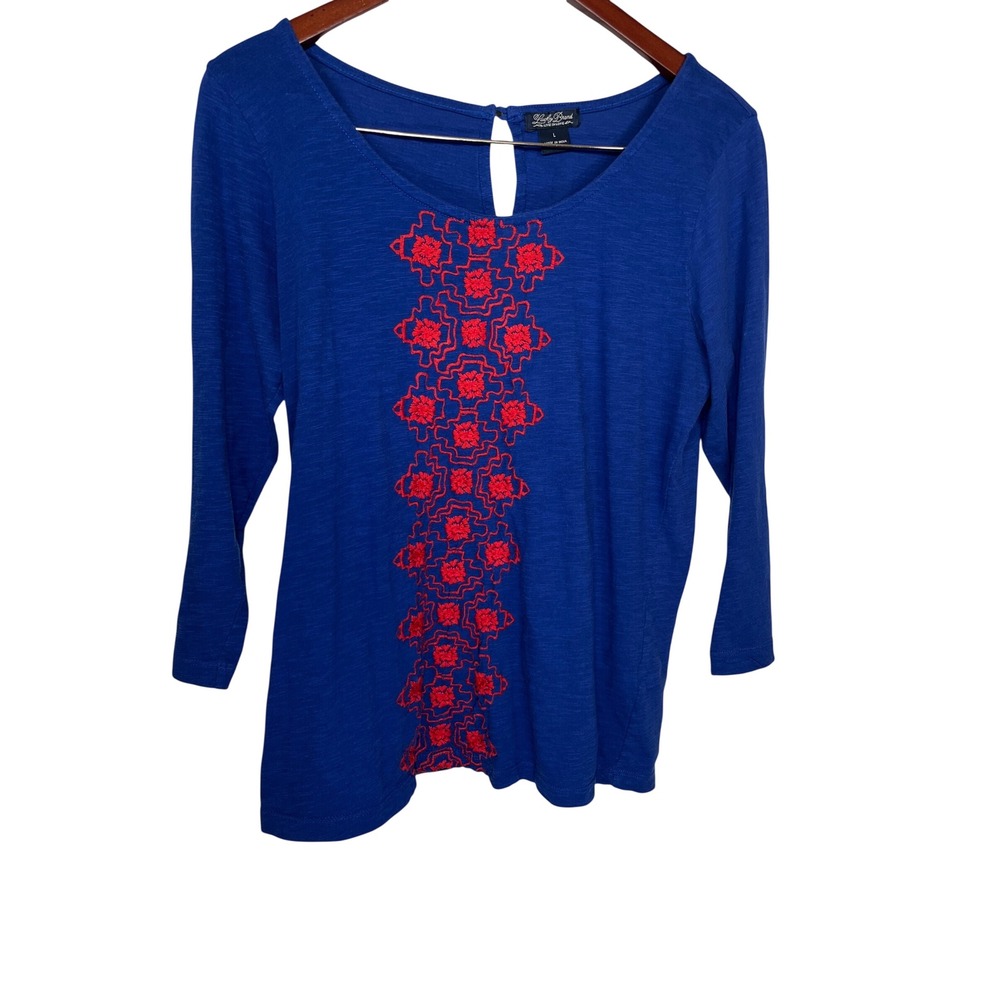 Lucky Brand Top Embroidered Slub Knit 3/4 Sleeve Large Blue Red Geometric Rise